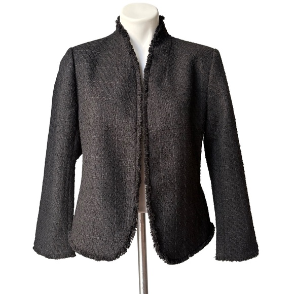 NWT, Ann Taylor Black Textured Fringe Trim Open Front Jacket, Sz M - Picture 2 of 15